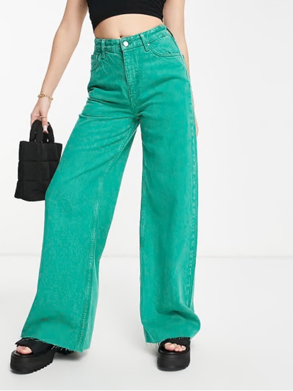 Zara Green High Waist Wide Leg Jeans Frayed Hems Women’s size 2 26 XS